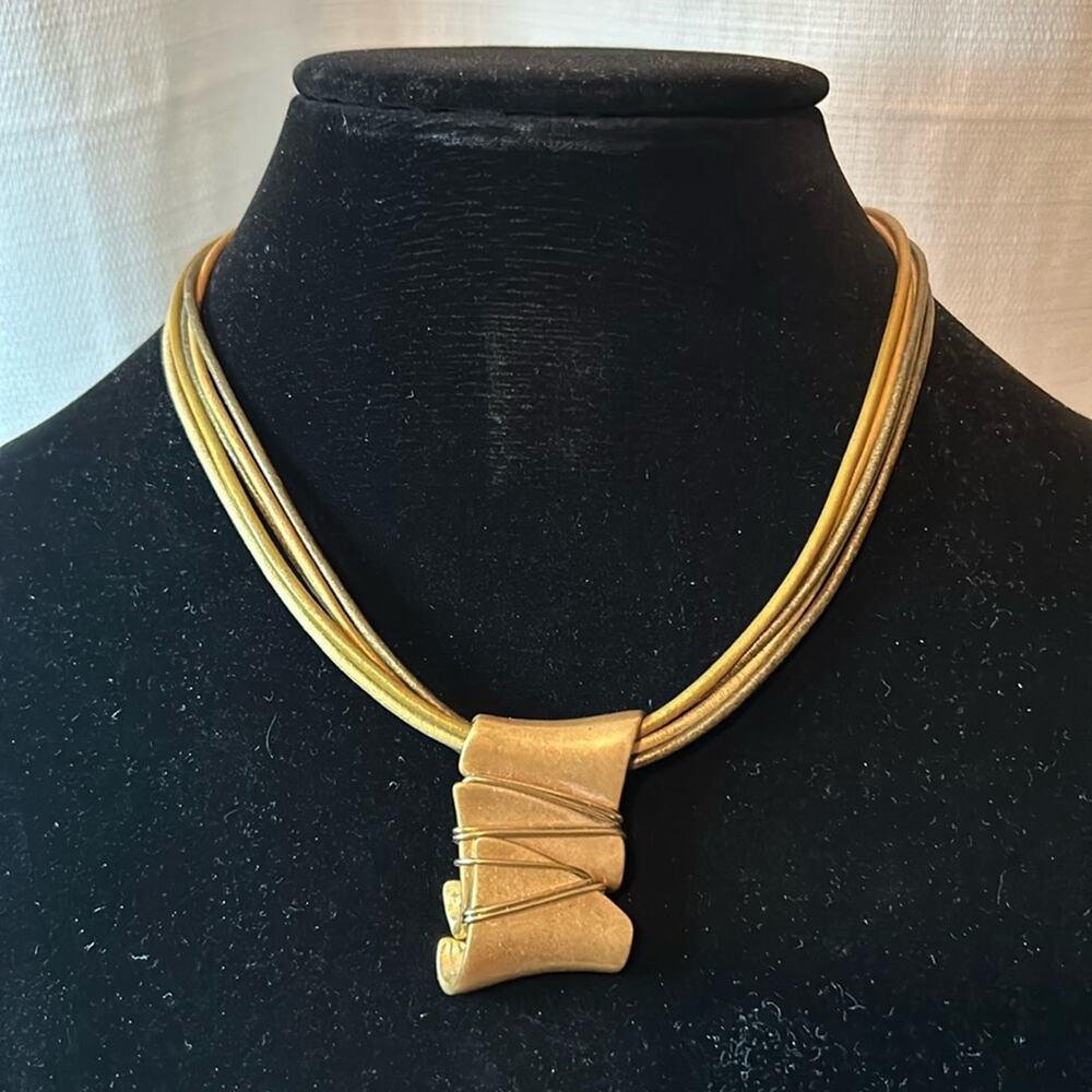 Chico’s Statement Necklace Gold tone Scroll Pendant #916 Multistrand cord